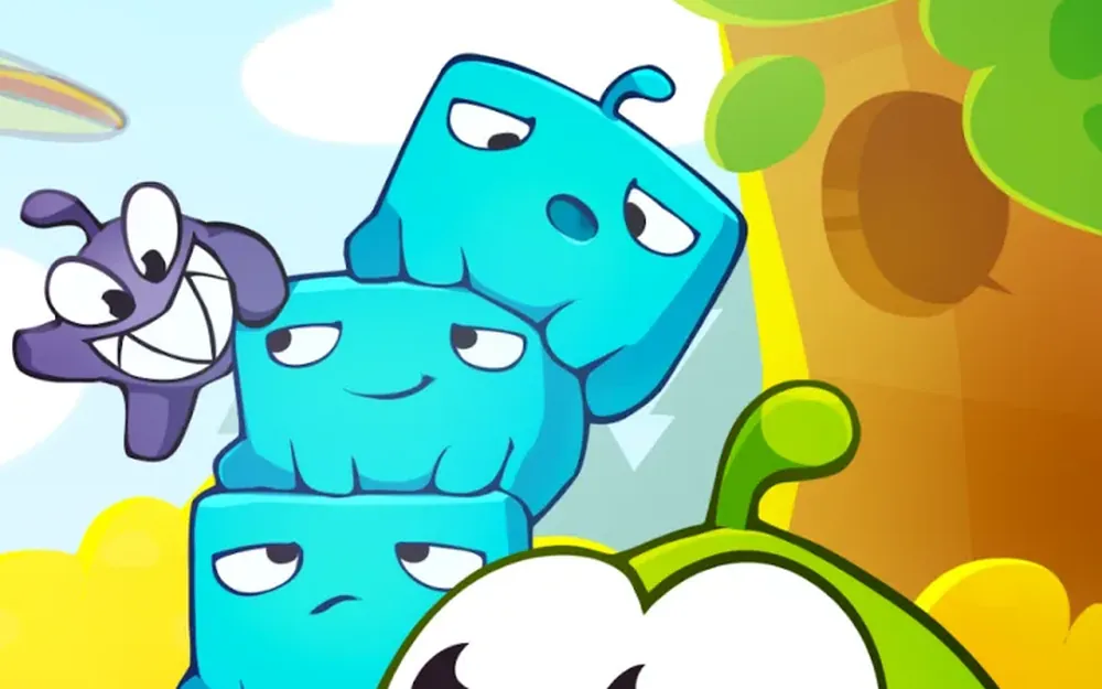 Cut the Rope 2 screenshot showing Om Nom beside stacked blue jelly characters