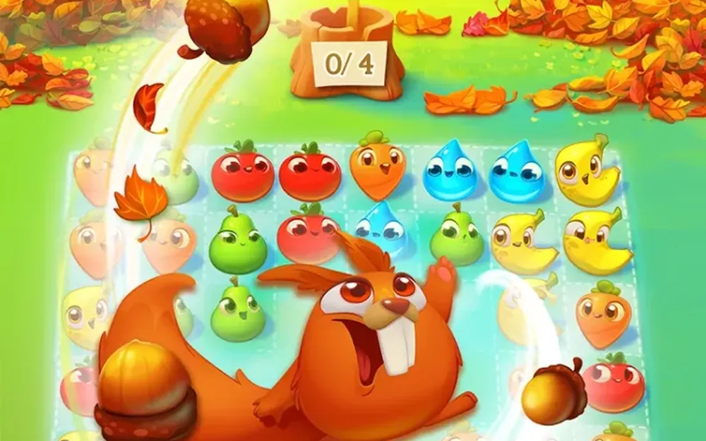 Farm Heroes Super Saga screenshot showing a cropsie board with a squirrel character collecting nuts