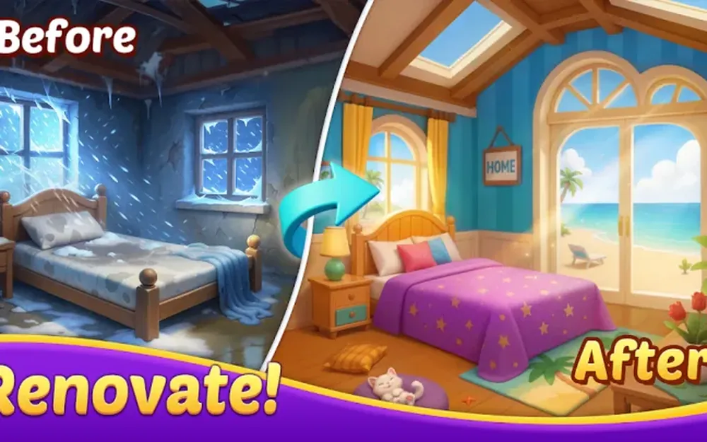 Matchington Mansion screenshot showing a bedroom before and after redecorating