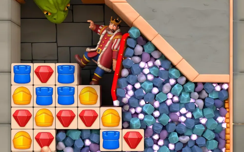 Royal Kingdom gameplay screenshot showing a tile board beside the king inside a stone castle