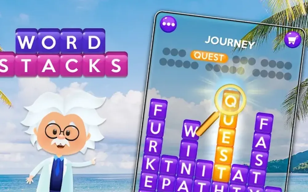 Word Stacks screenshot showing the letter board and the game logo beside a cartoon professor